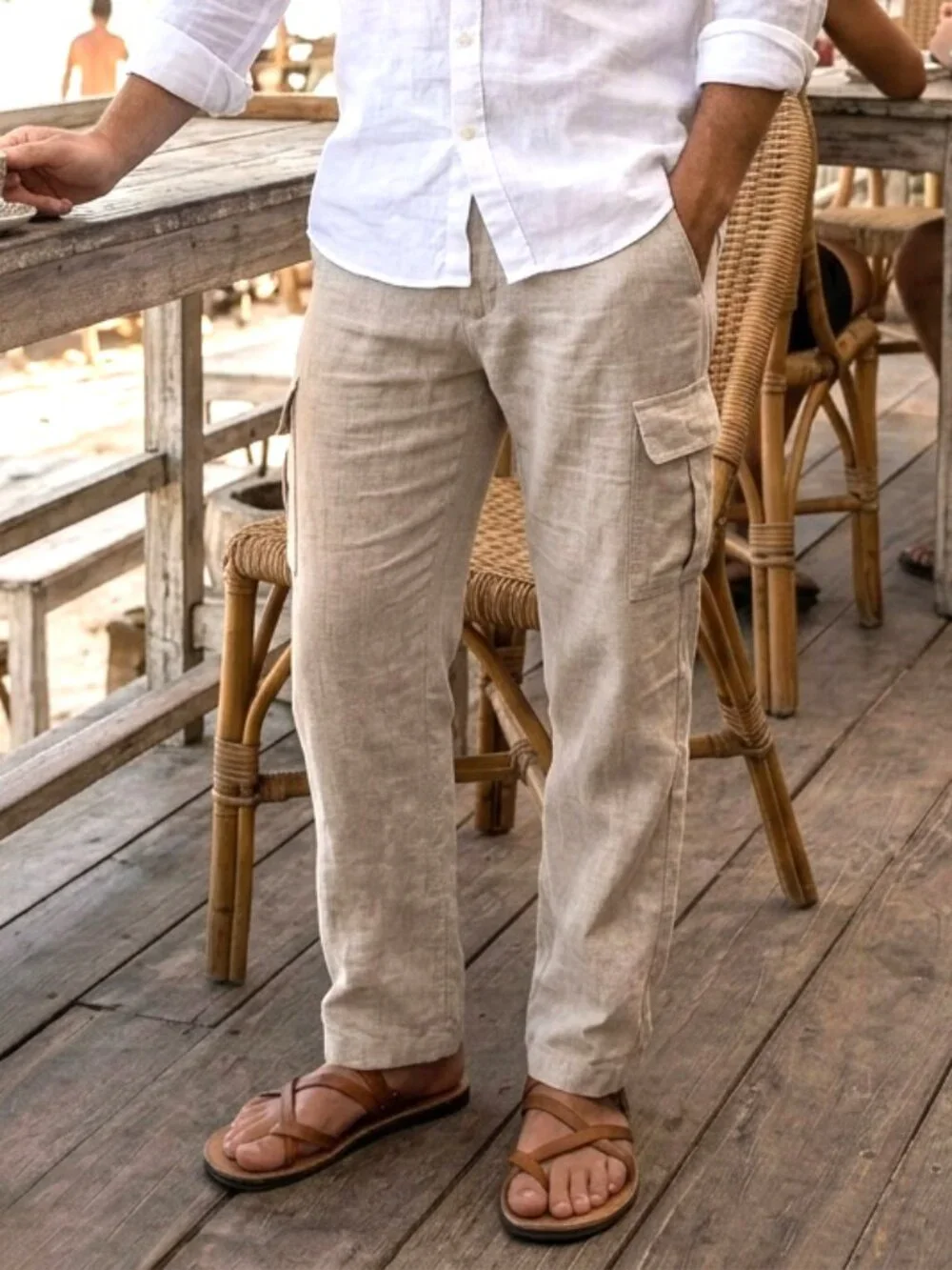 Caribbean Mens Linen Pants 42/32 Ivory Drawstring Cargo Pockets NEW With Tags